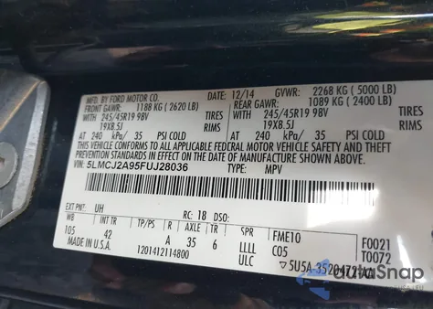 2015 Lincoln Mkc z USA, uszkodzony, nr VIN 5LMCJ2A95FUJ28036